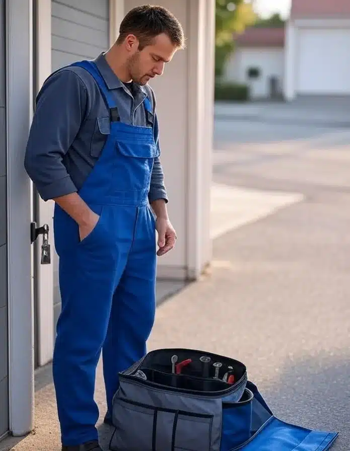 Monteur steht vor der Tür und schaut in seine Arbeitstasche